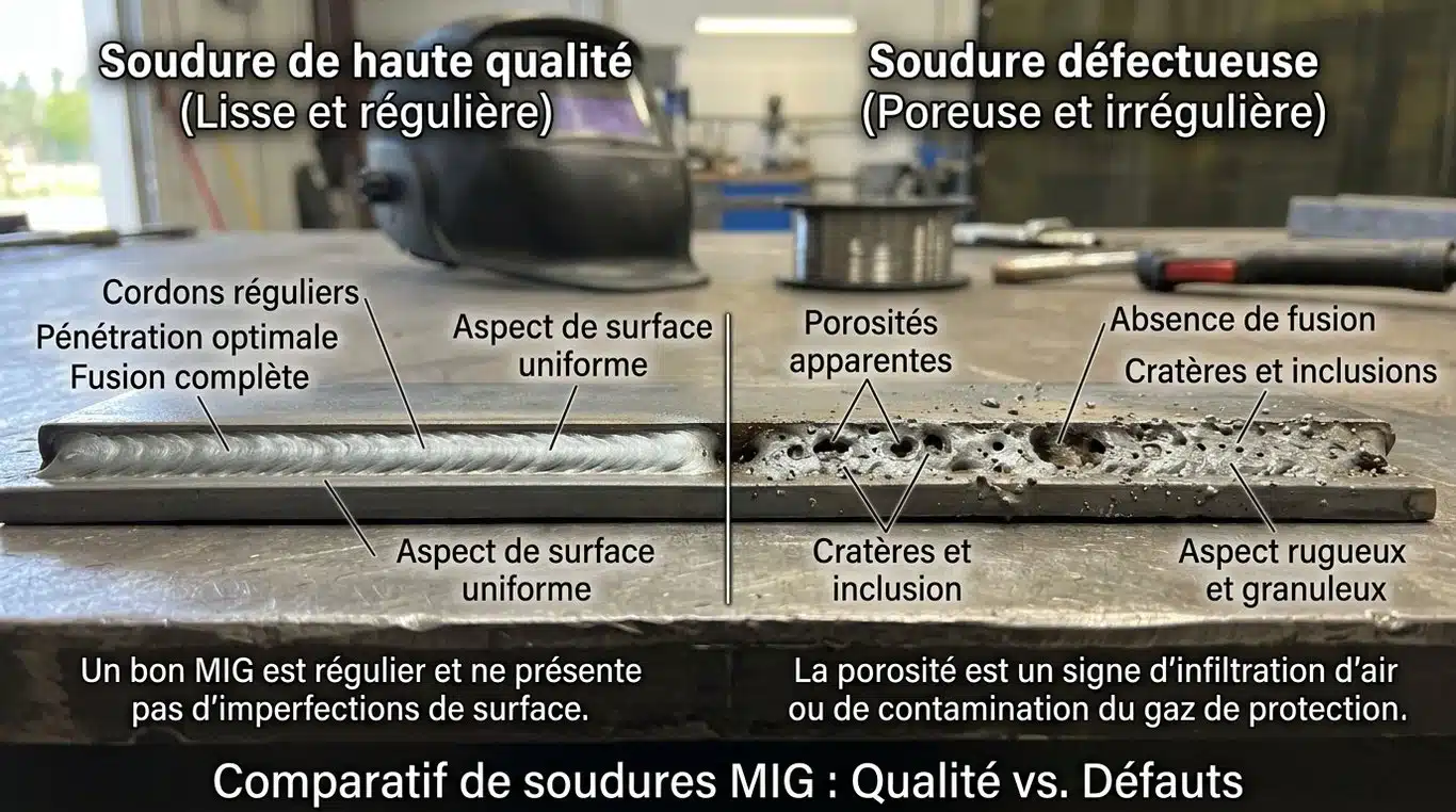 Comparaison visuelle entre une soudure MIG réussie et une soudure poreuse
