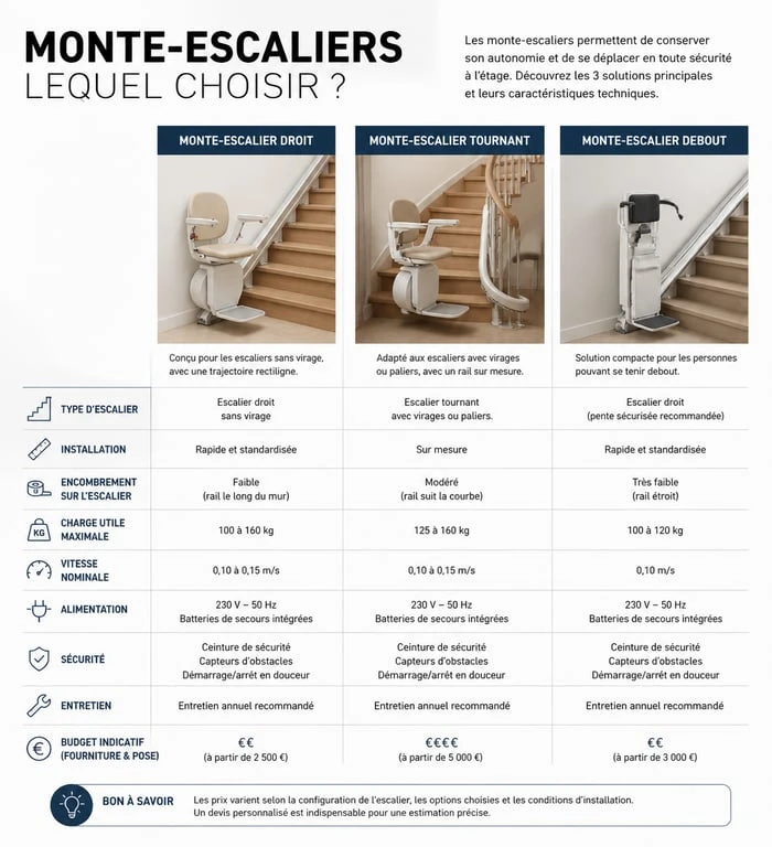 Infographie comparative des types de monte-escalier : droit, tournant et debout