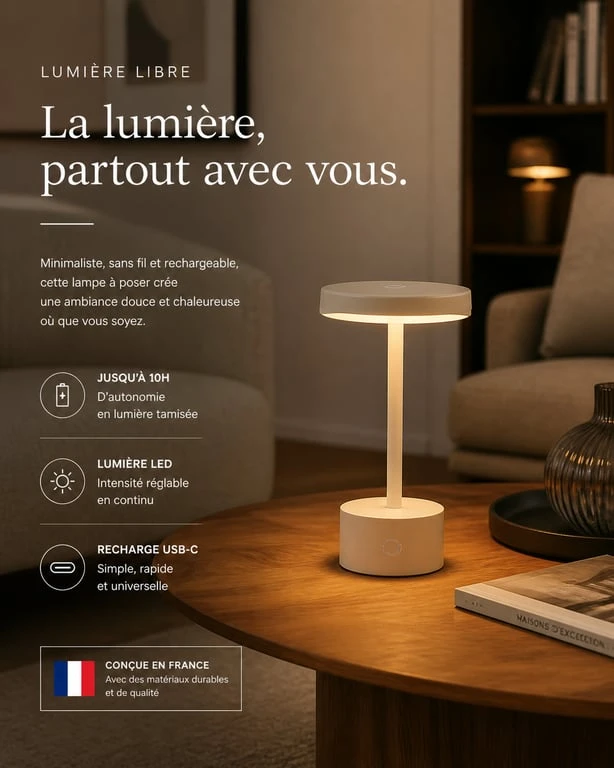 Lampe à pile design posée sur une table basse dans un salon moderne