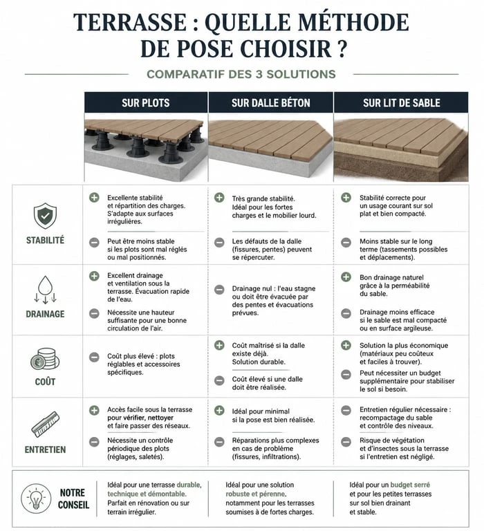 Tableau comparatif des méthodes de pose de terrasse : plots, béton et sable pour évaluer les inconvénients d'une terrasse sur plots