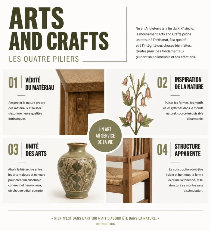 Infographie illustrant les principes fondamentaux du mouvement artistique Arts and Crafts