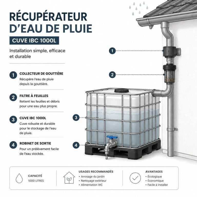 Schéma d'installation d'un récupérateur d'eau 1000L avec accessoires