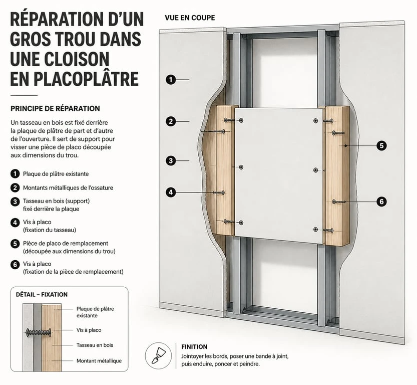 Schéma technique pour reboucher un gros trou dans du placoplatre avec un tasseau de renfort