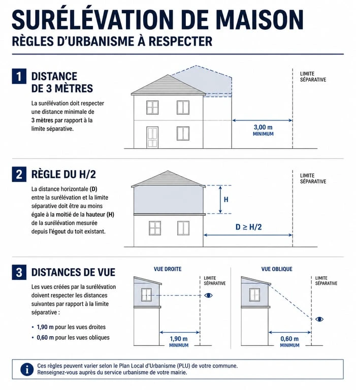 Schéma des règles de distance et de vue pour un projet de surélévation de maison et voisinage