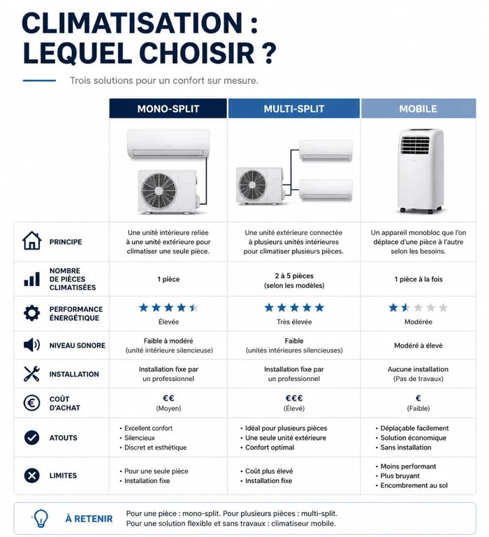 Comparatif des systèmes de climatisation pour appartement : mono-split, multi-split et mobile