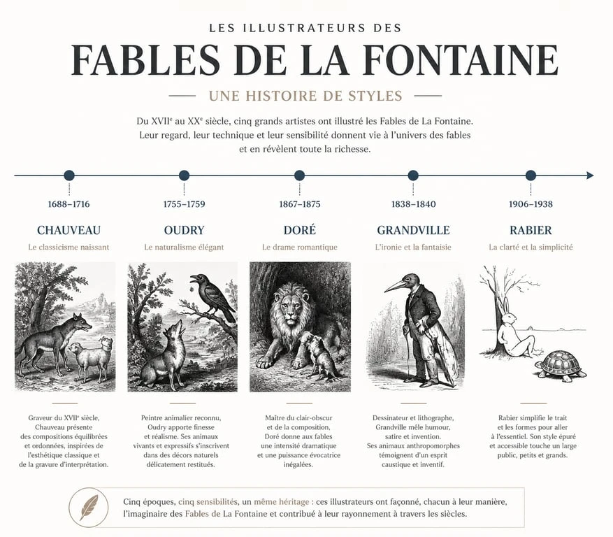Infographie historique des illustrateurs des Fables de La Fontaine et évolution des styles artistiques