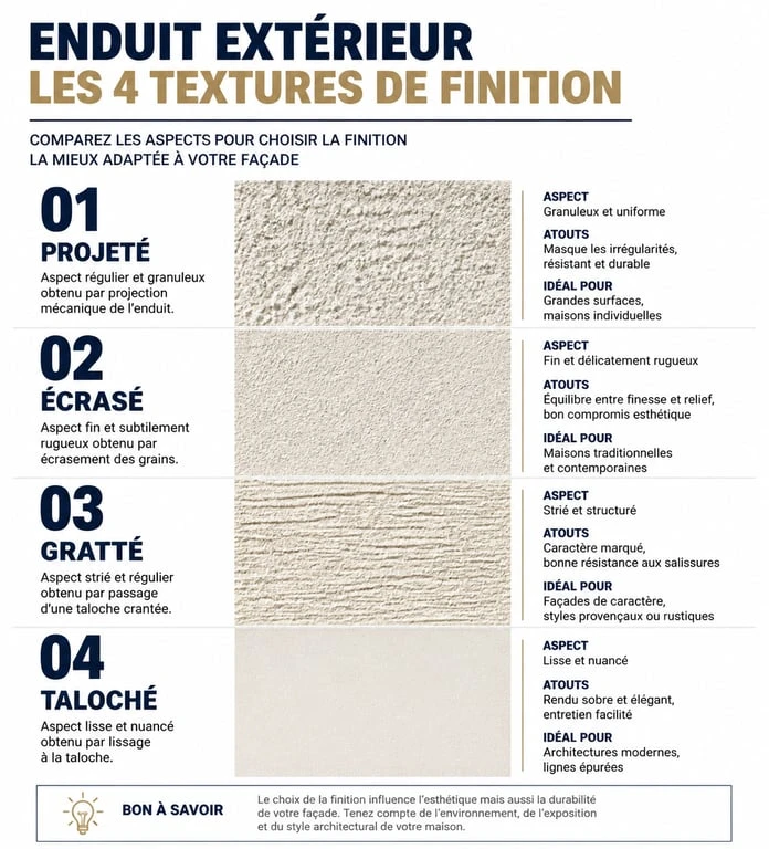 Comparatif visuel des finitions de crépi et enduit extérieur : projeté, écrasé, gratté et taloché