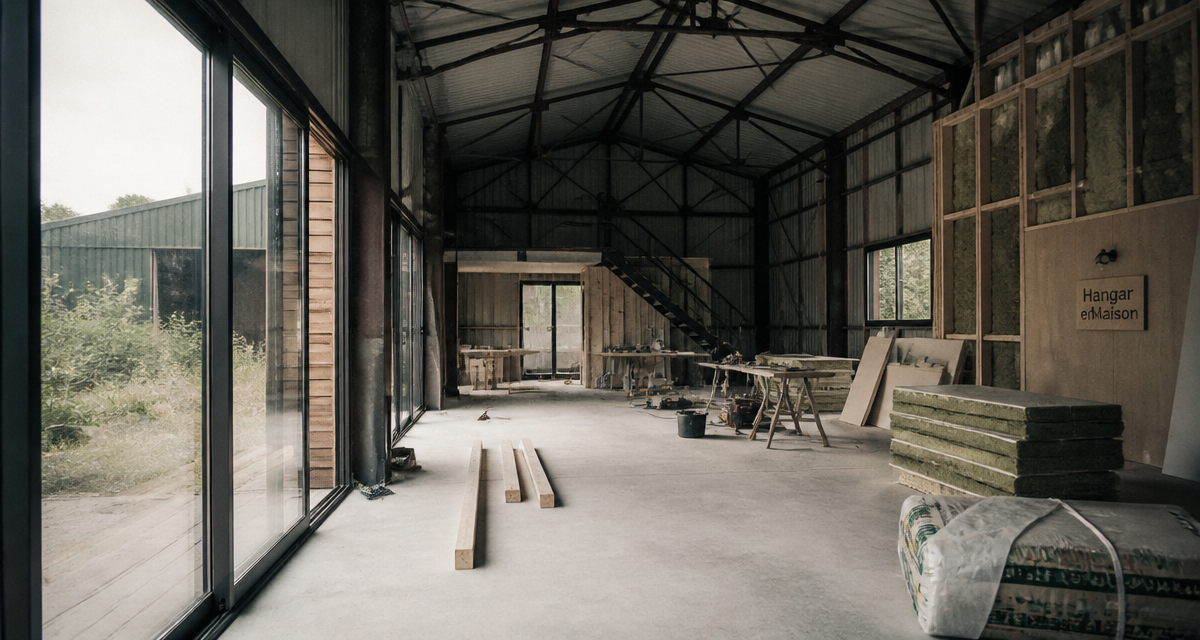 hangar aménagé en maison avec grande baie vitrée