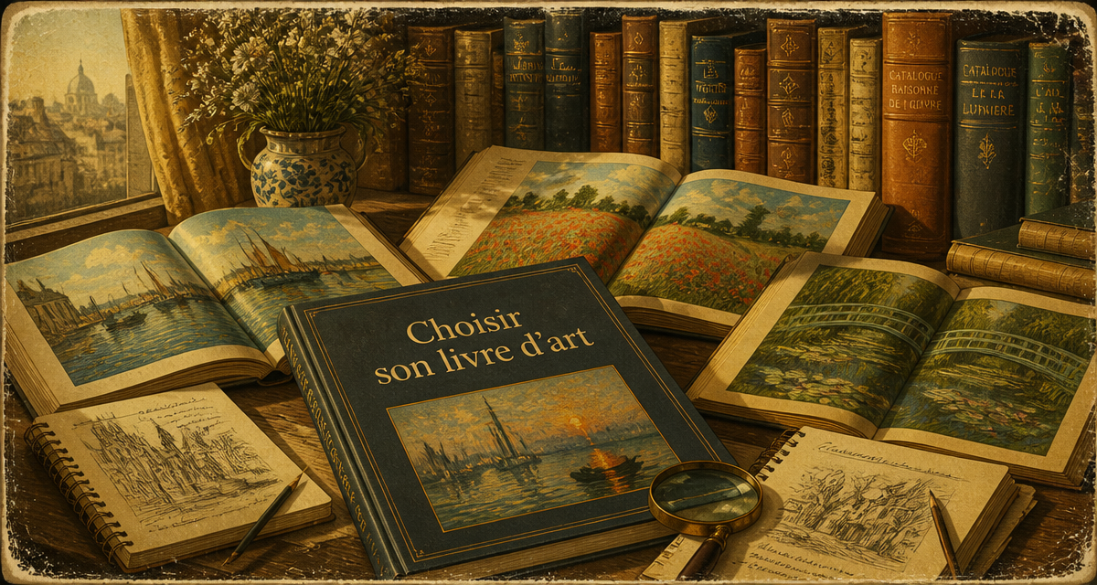 livre sur peintre ouvert sur table avec carnets et bibliothèque