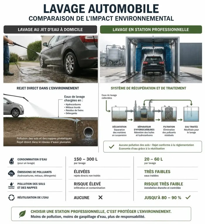 Infographie comparative de l'impact environnemental et de la légalité du lavage de voiture à domicile versus en station professionnelle.