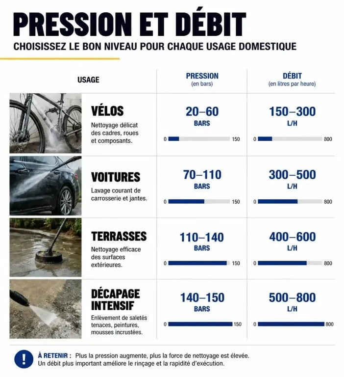Infographie des paliers de puissance pour nettoyeur haute pression Karcher selon l'usage