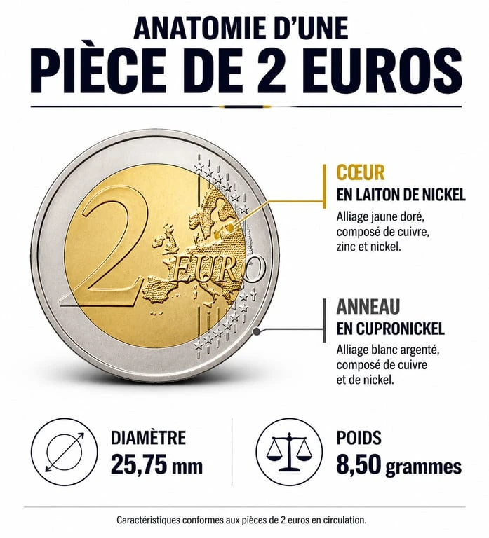 Infographie technique détaillant les caractéristiques physiques d'une pièce de 2 euros pour les collectionneurs.
