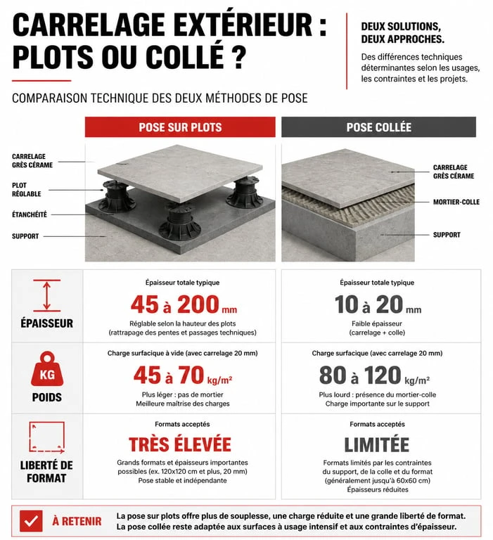 Comparatif technique : pose de carrelage sur plots vs pose collée pour terrasse