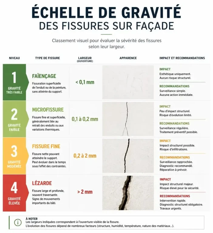 Échelle de gravité des micro fissures sur crépi extérieur pour diagnostic de façade