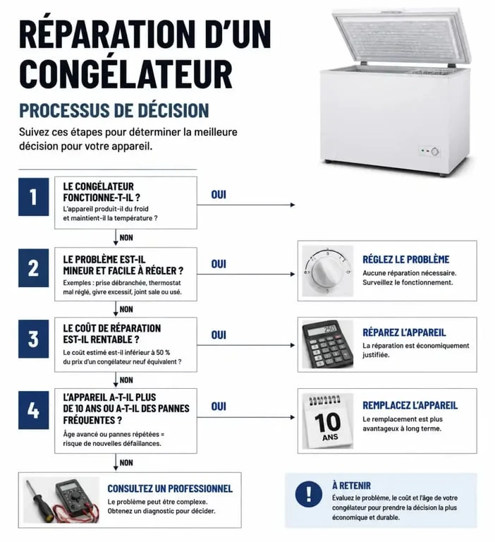 Infographie sur la réparation congélateur : diagnostic et décision