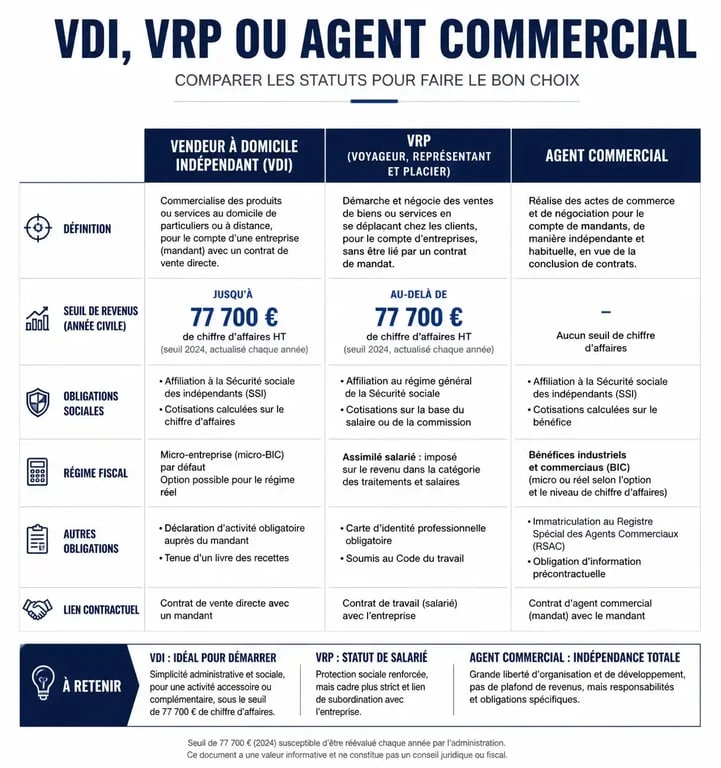 Infographie comparative des statuts de vente à domicile : VDI, VRP et Agent Commercial