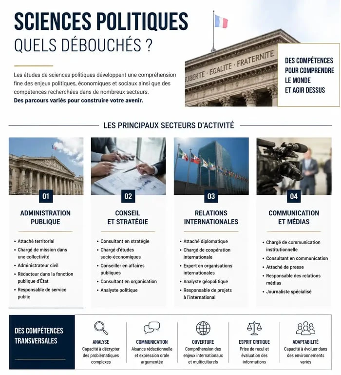 Infographie des débouchés professionnels après des études de sciences politiques