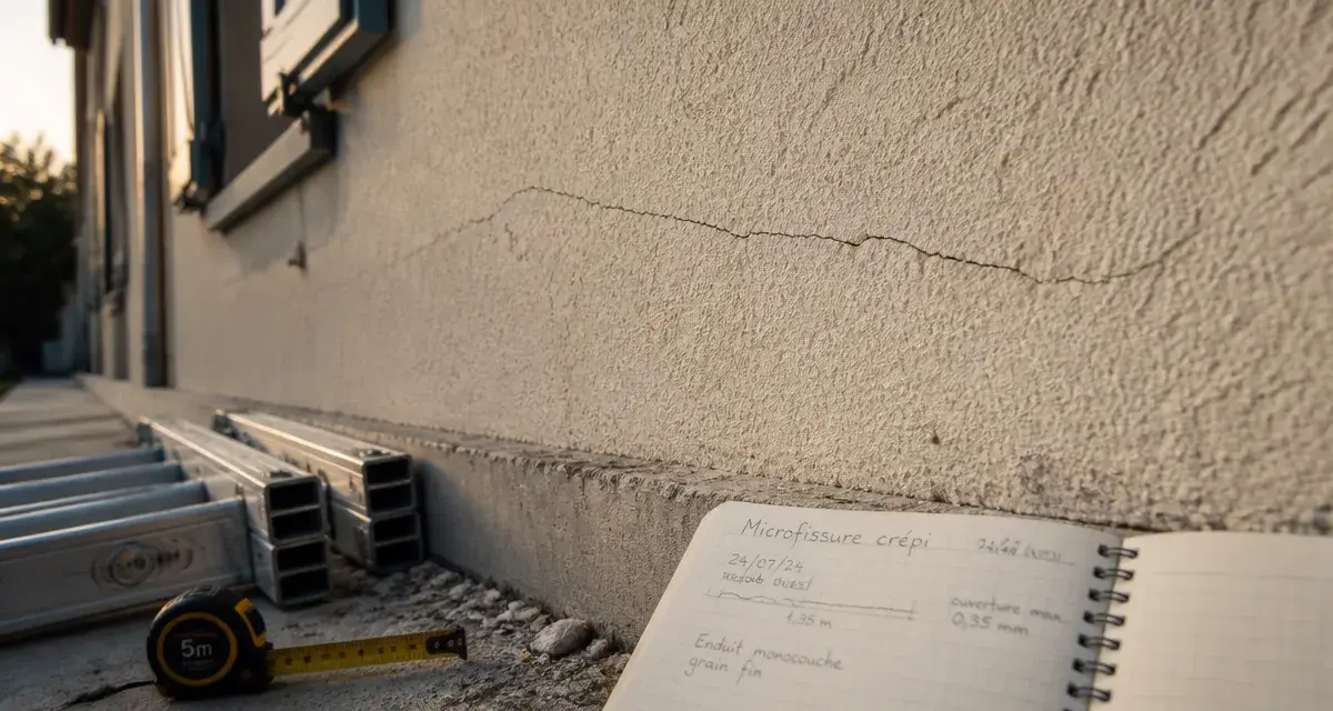 Micro fissure crépi extérieur sur façade, gros plan et mesure