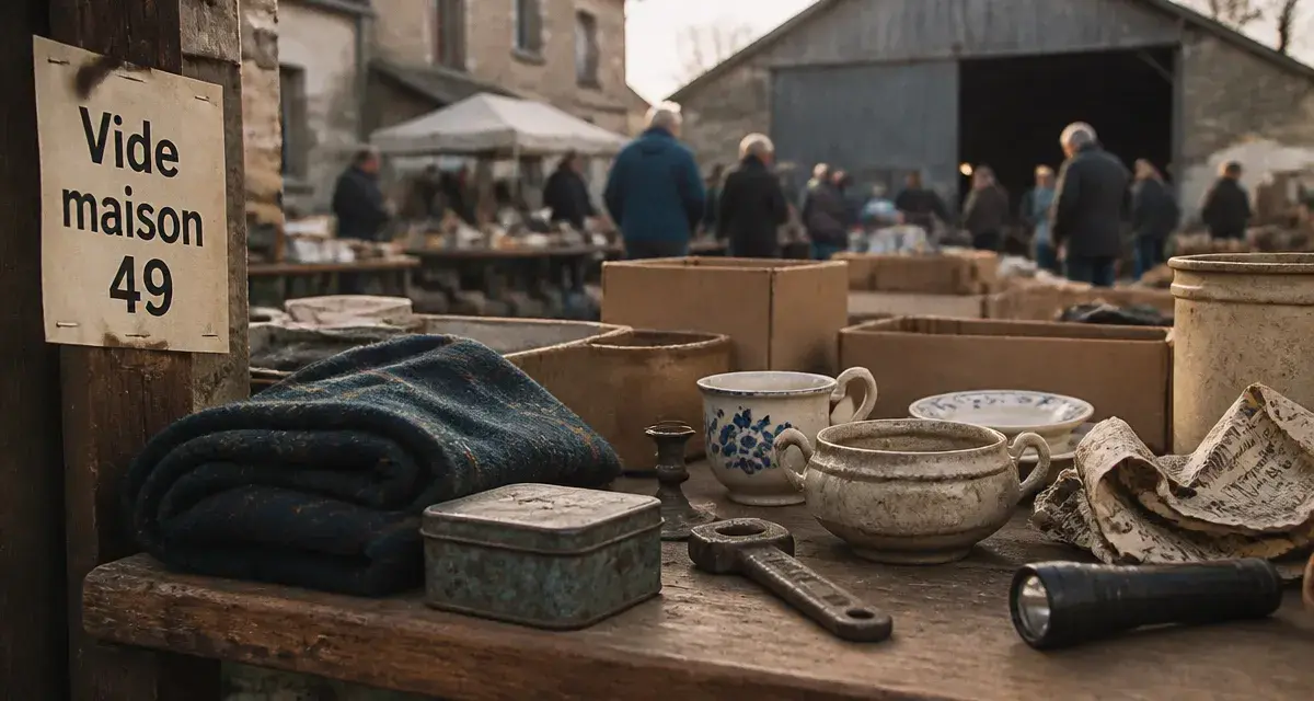 Vide maison 49 en Anjou : table de brocante et chineurs