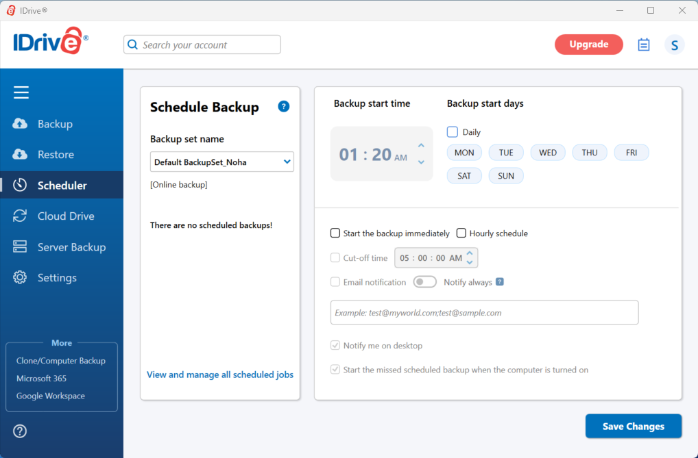 iDrive backup schedule and bandwidth settings