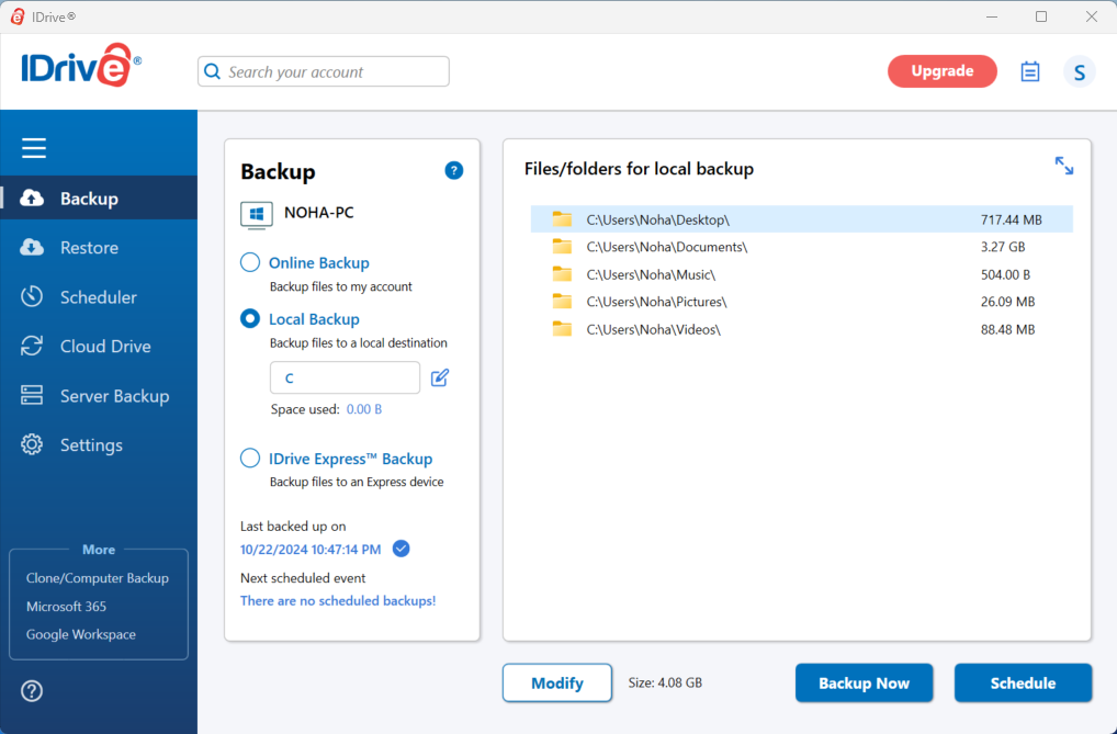 iDrive local backup destination on external SSD
