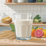 Illustration des bienfaits du lait de soja avec grains et fruits