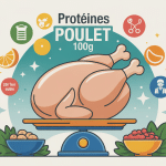 Combien de proteines dans 100 g de poulet, illustration avec poulet sur balance, symboles nutrition