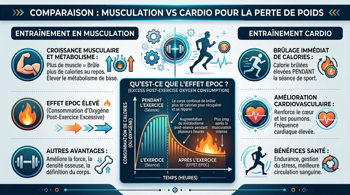 Infographie comparative : Musculation vs Cardio et l'effet EPOC pour la perte de poids