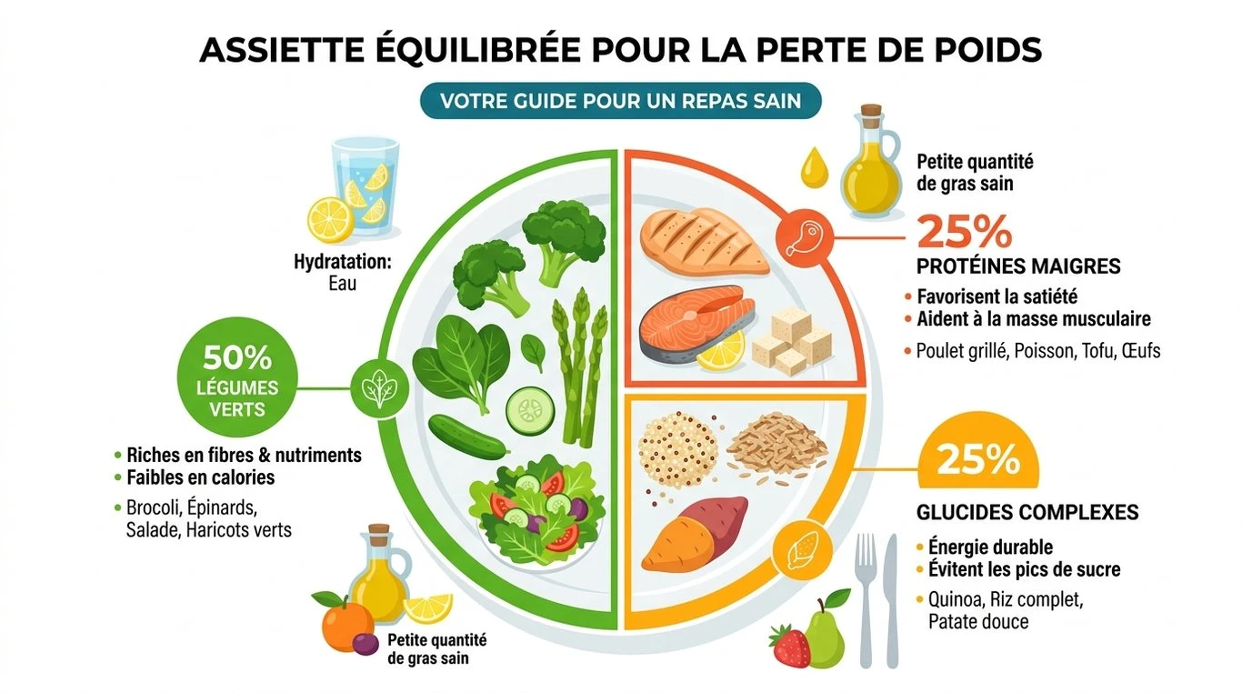 Composition idéale d'une assiette minceur : 50% légumes, 25% protéines, 25% glucides complexes