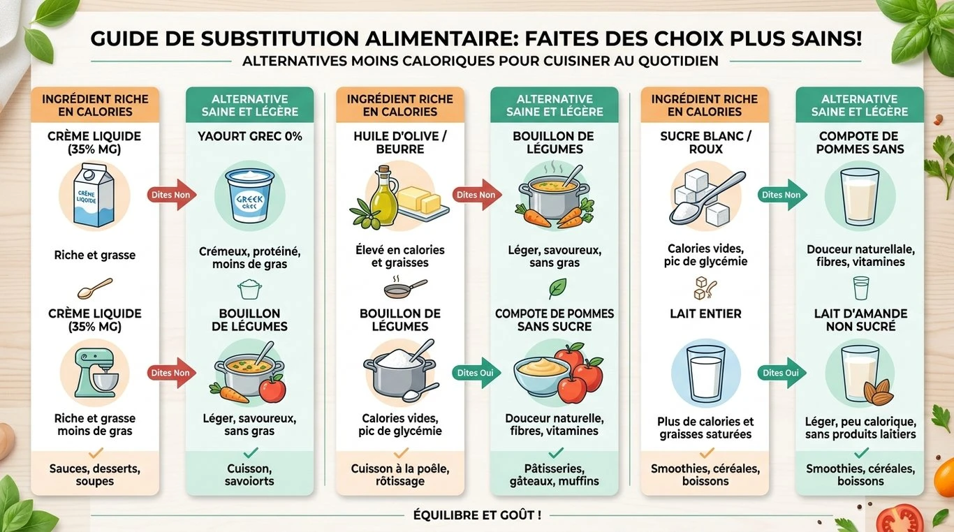 Infographie des alternatives saines pour alléger vos recettes