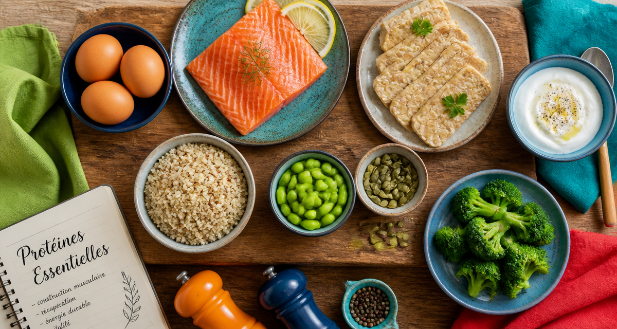 aliments et acides amines sur planche en bois