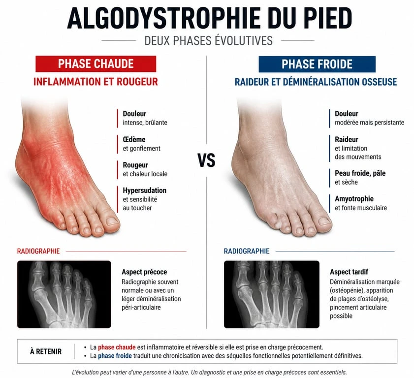 Schéma comparatif des phases chaude et froide de l'algodystrophie du pied pour le traitement