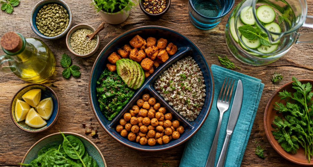 nourriture healthy assiette légumes quinoa pois chiches