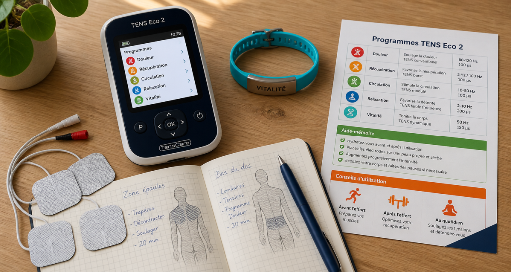 tens eco 2 quel programme choisir, appareil et électrodes sur bureau