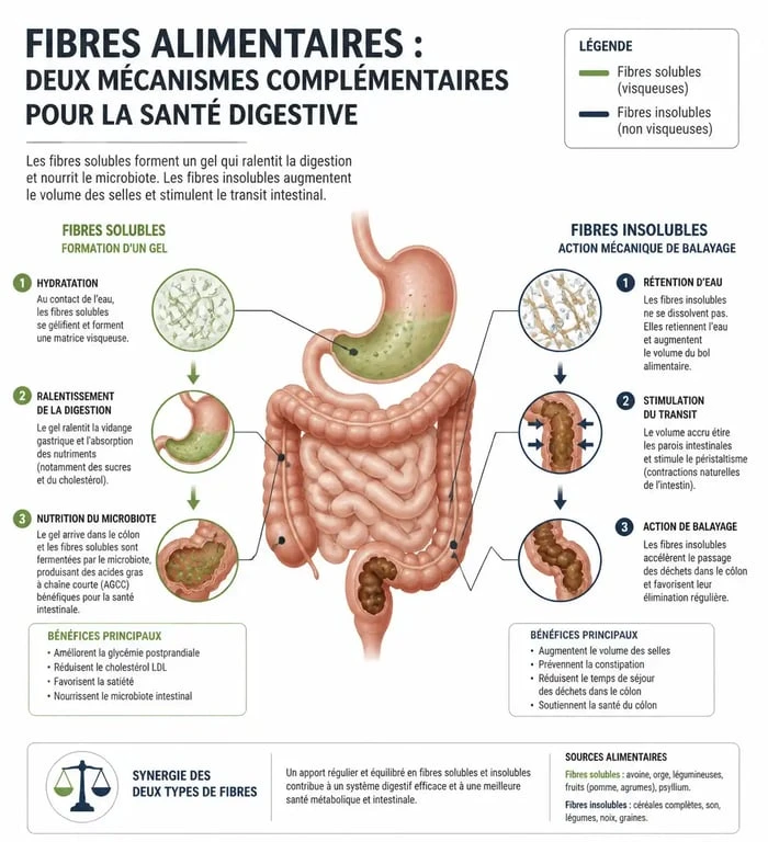 Infographie expliquant les bienfaits des boissons riches en fibres pour la santé digestive et le transit
