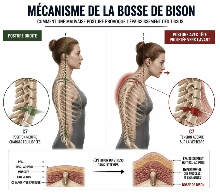 Schéma explicatif de la bosse de bison et de son origine posturale liée à la position de la tête