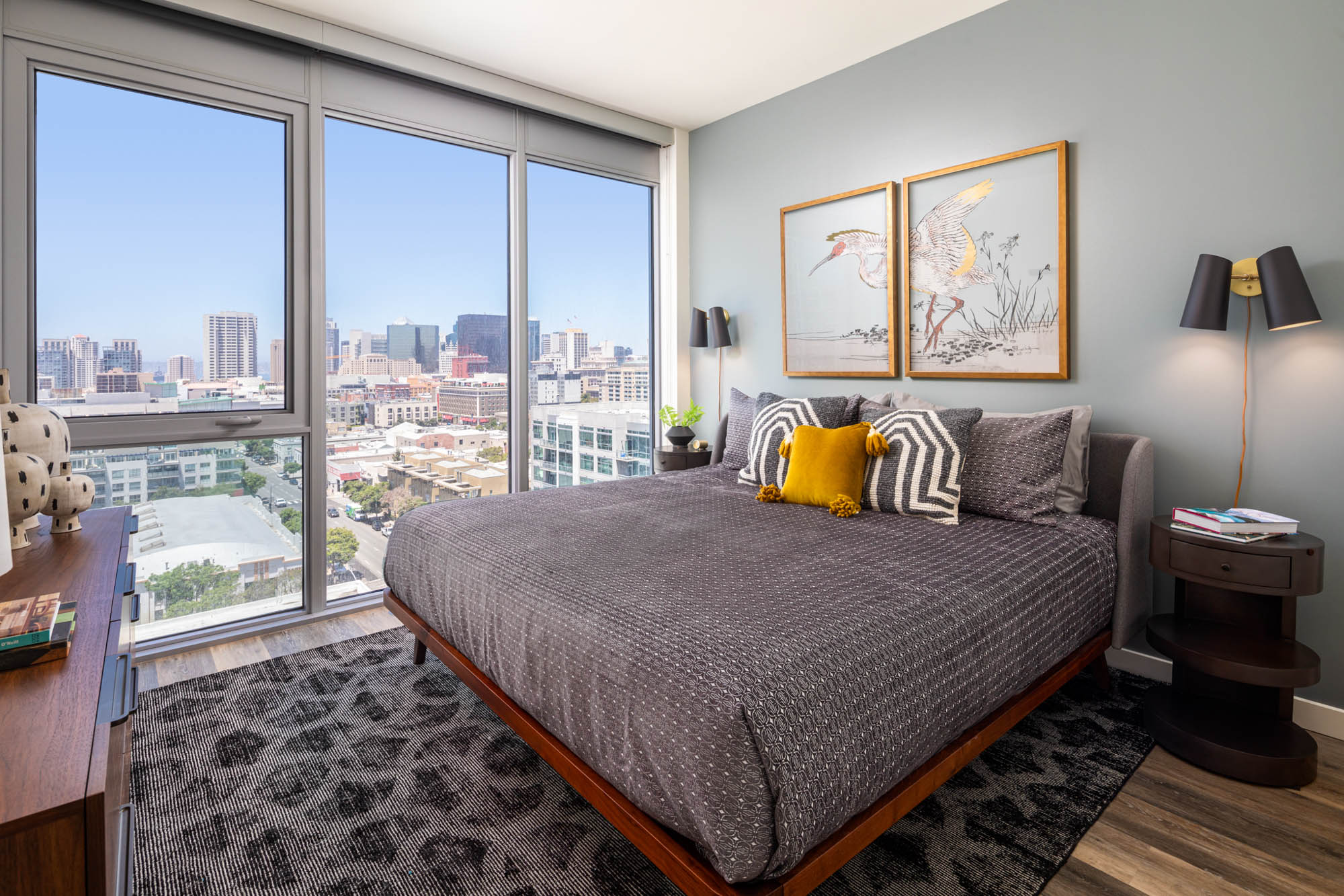 Bedroom space at The Merian Apartments in San Diego, California.