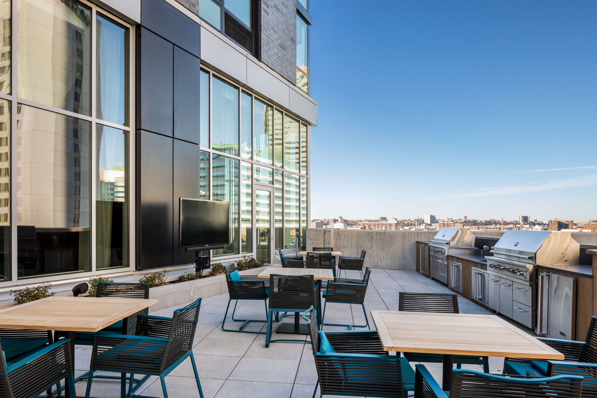The grilling stations at VYV apartments in Jersey City, New Jersey.