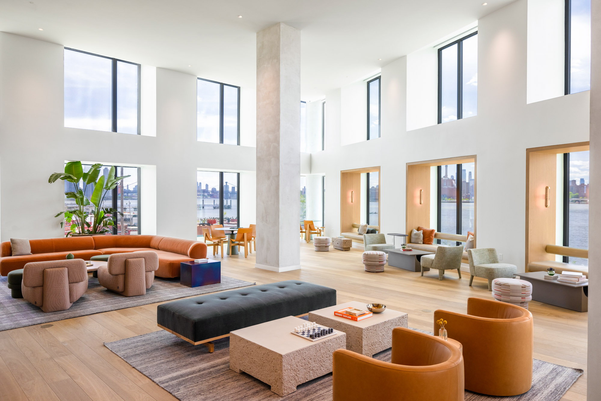 The Great Room at Eagle + West apartments in Greenpoint Landing in Brooklyn, New York.