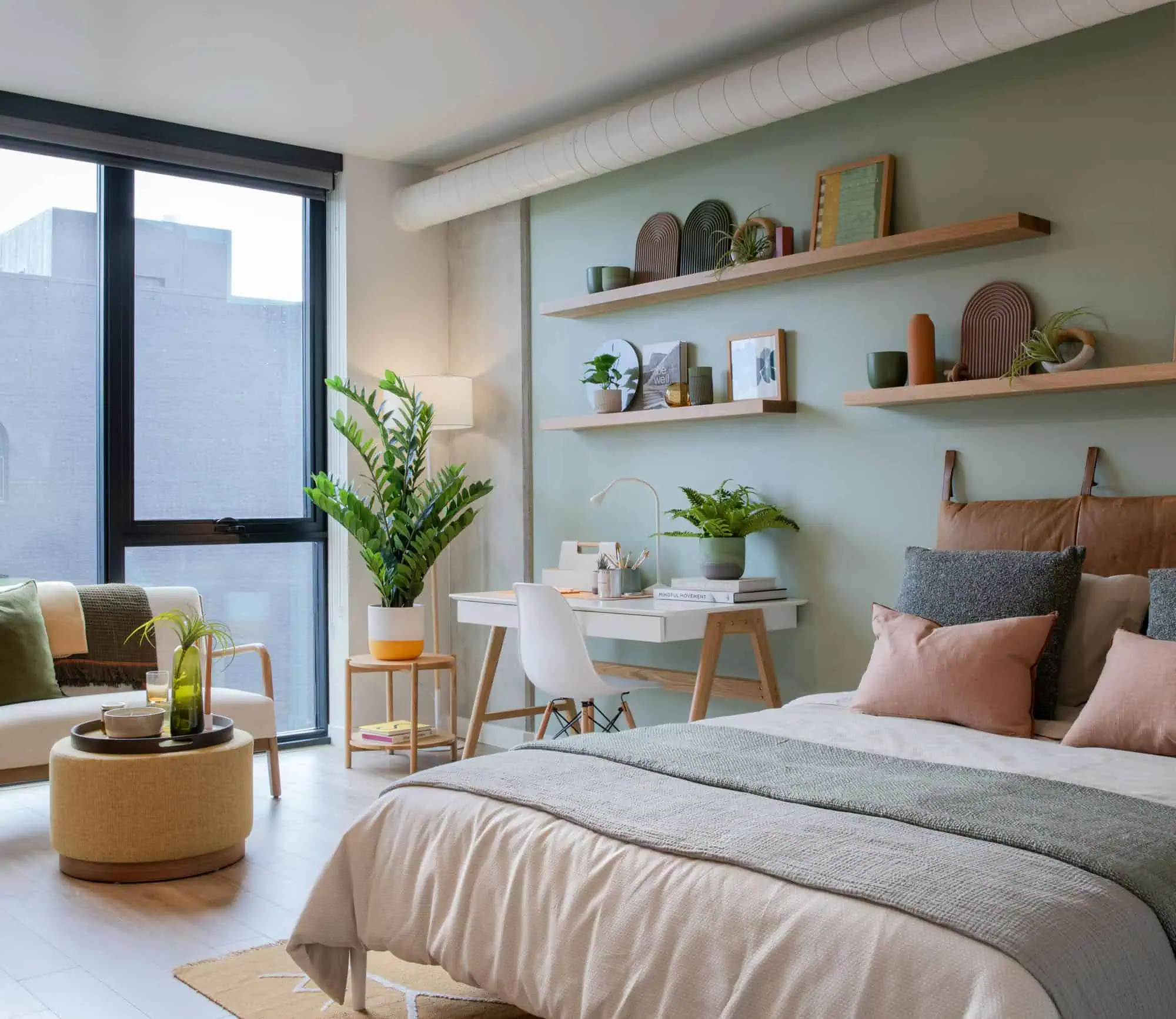 An apartment bedroom at The George apartments in San Francisco, CA