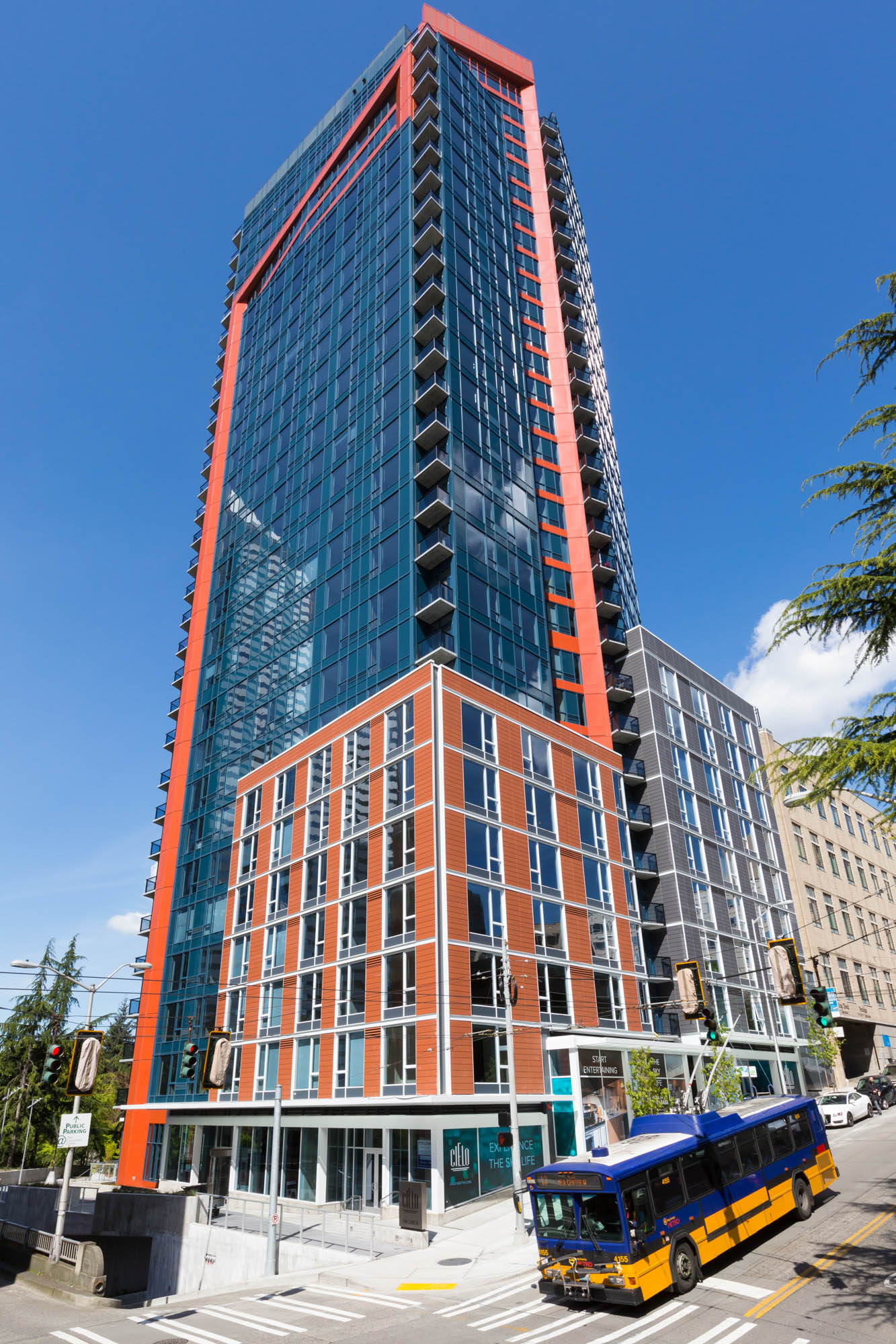 The exterior of Cielo, a luxury apartment building in downtown Seattle.
