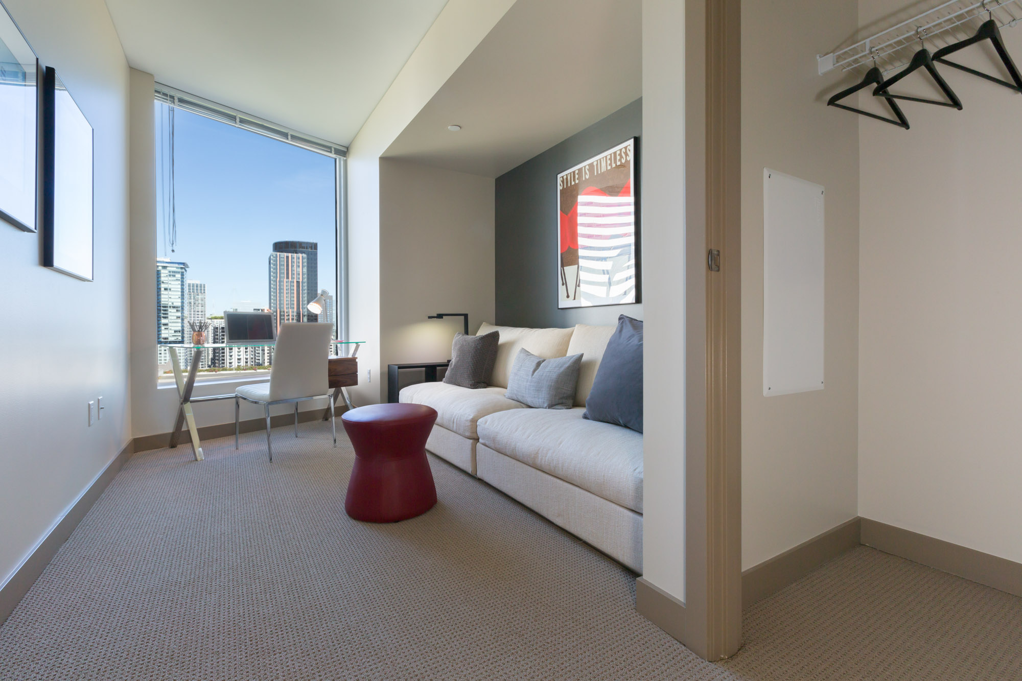 A bedroom in a Cielo luxury apartment in downtown Seattle.