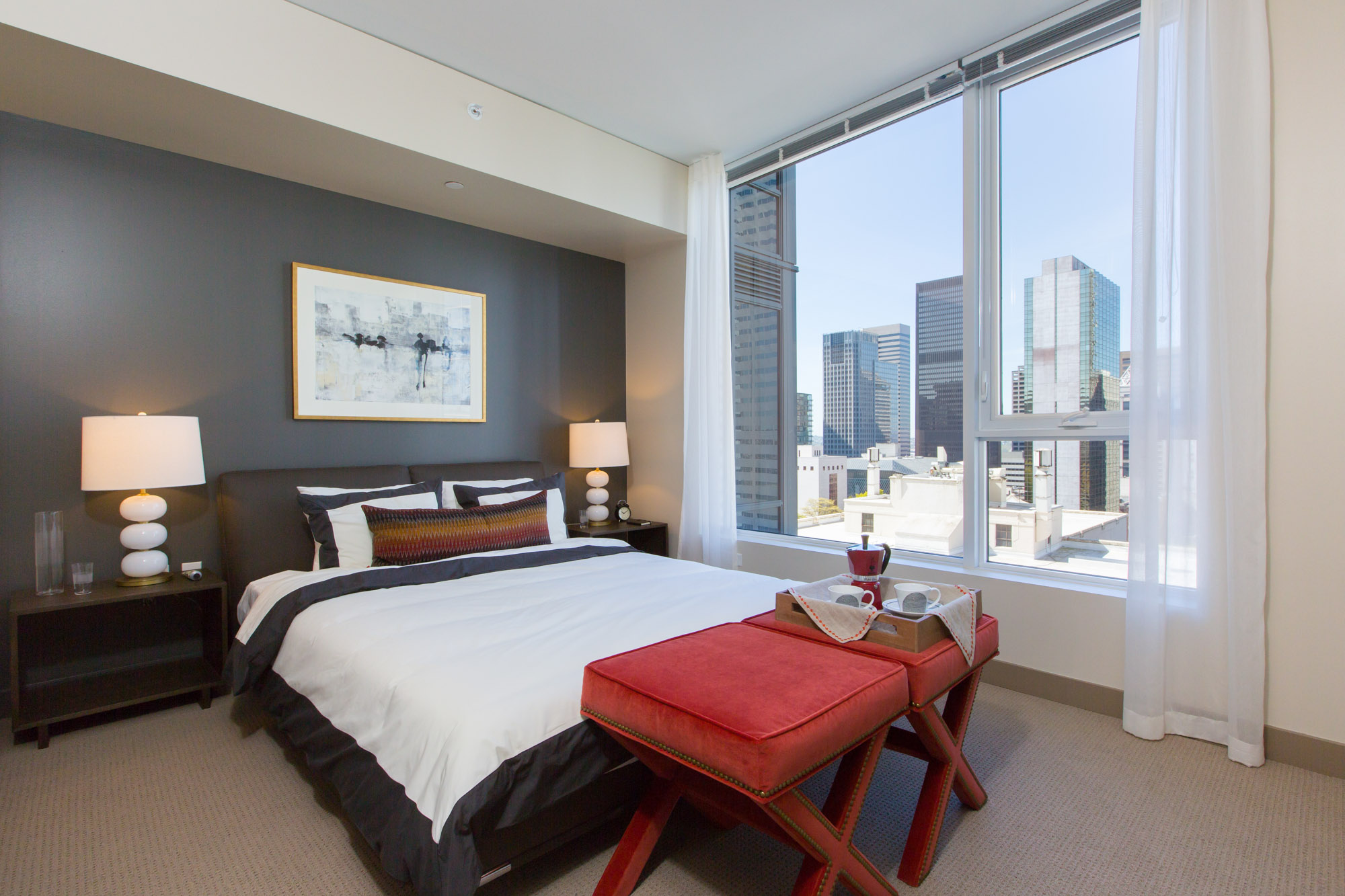 A bedroom in a Cielo luxury apartment in downtown Seattle.