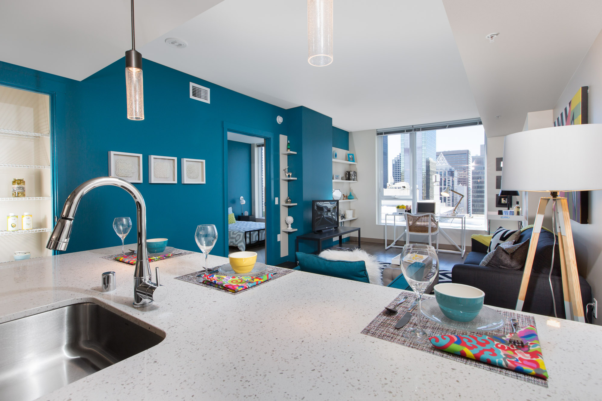A living area in a Cielo luxury apartment in downtown Seattle.