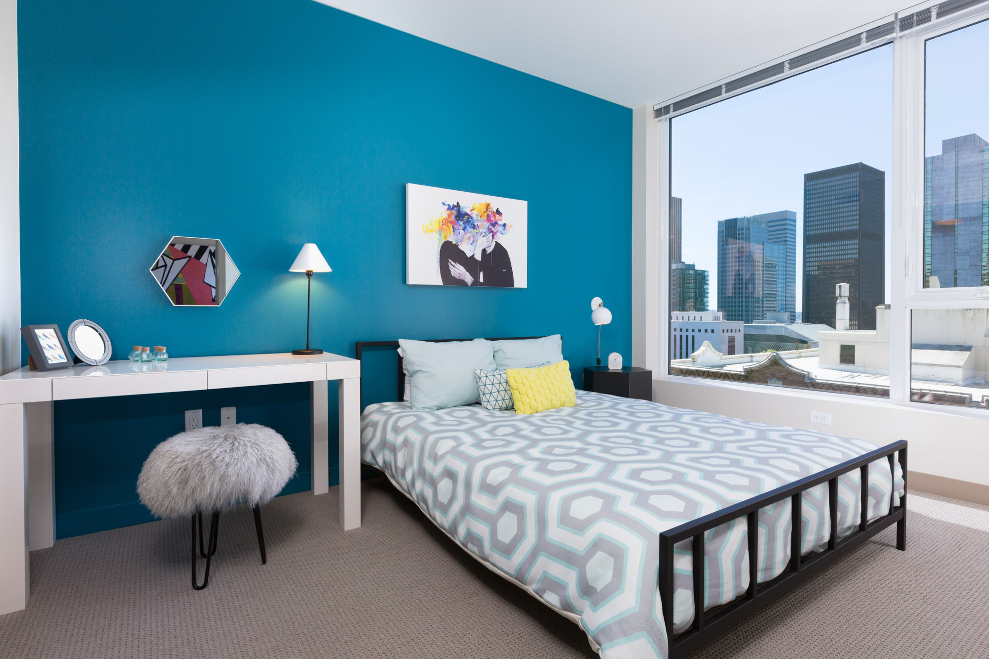 A bedroom in a Cielo luxury apartment in downtown Seattle.