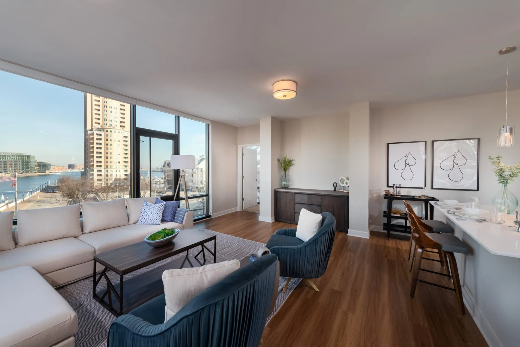 The living area in an apartment at 1110 Key Federal Hill in Baltimore, Maryland.