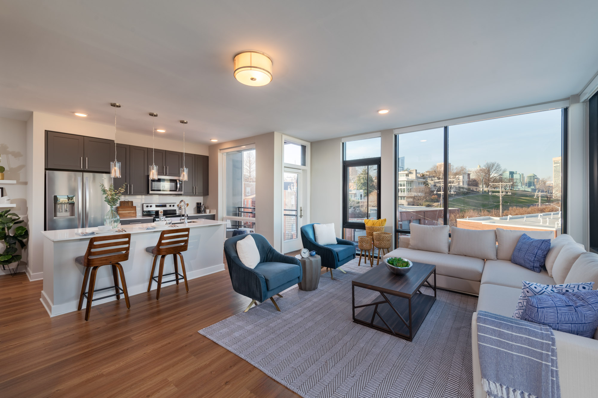 The living area in an apartment at 1110 Key Federal Hill in Baltimore, Maryland.