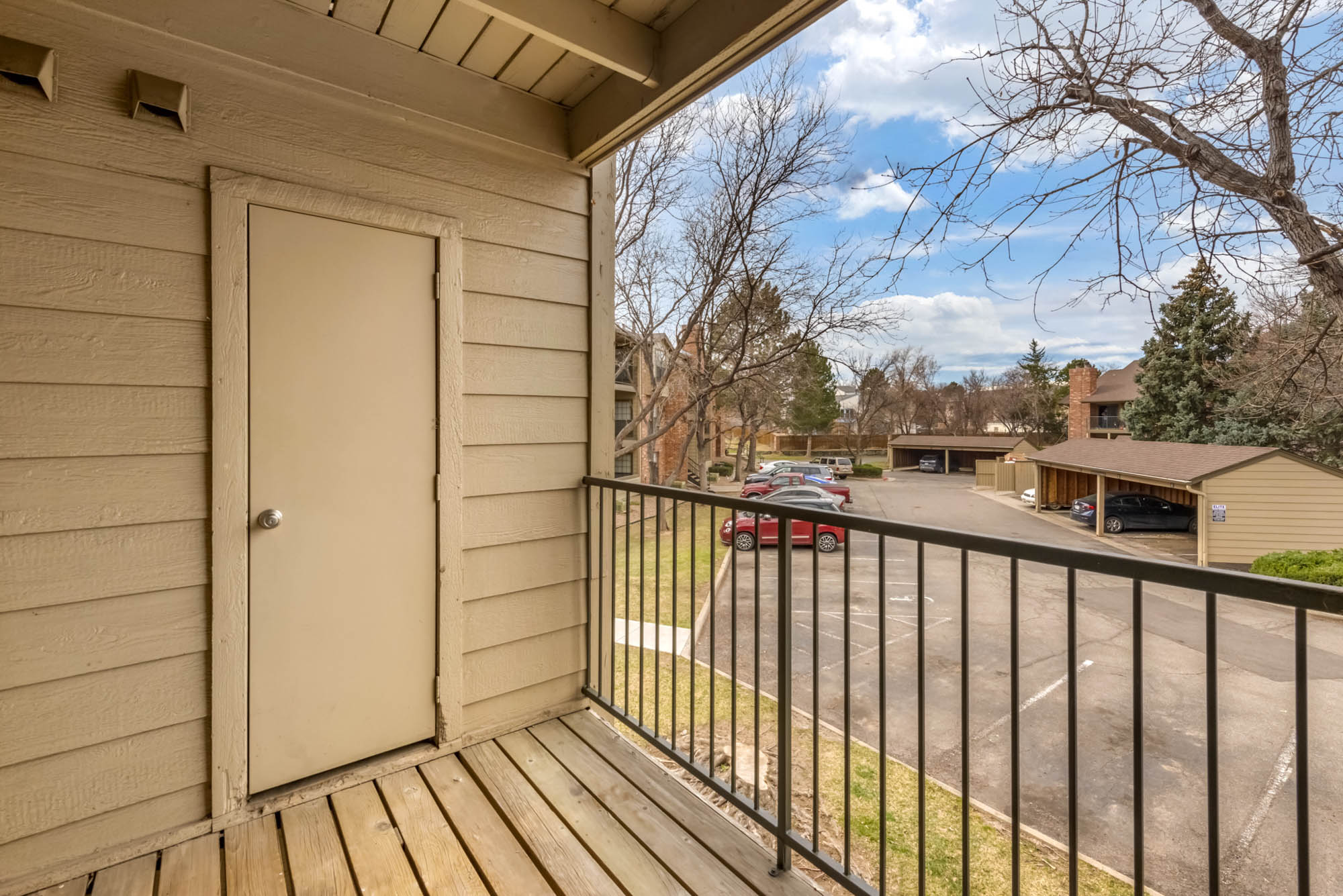 A balcony at Canyon Chase apartments in Westminster, CO.
