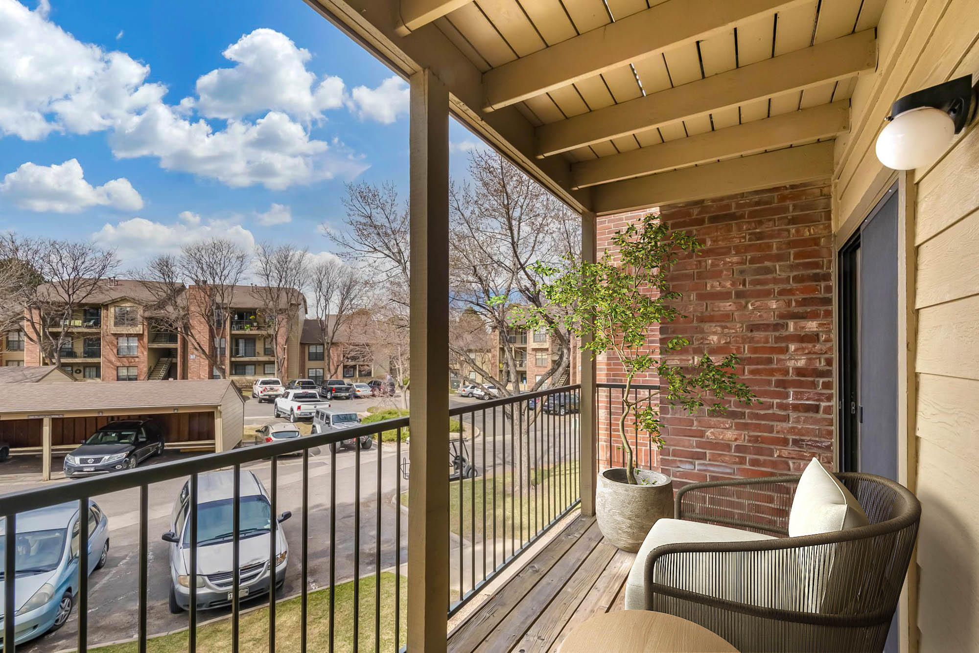 A balcony at Canyon Chase apartments in Westminster, CO.
