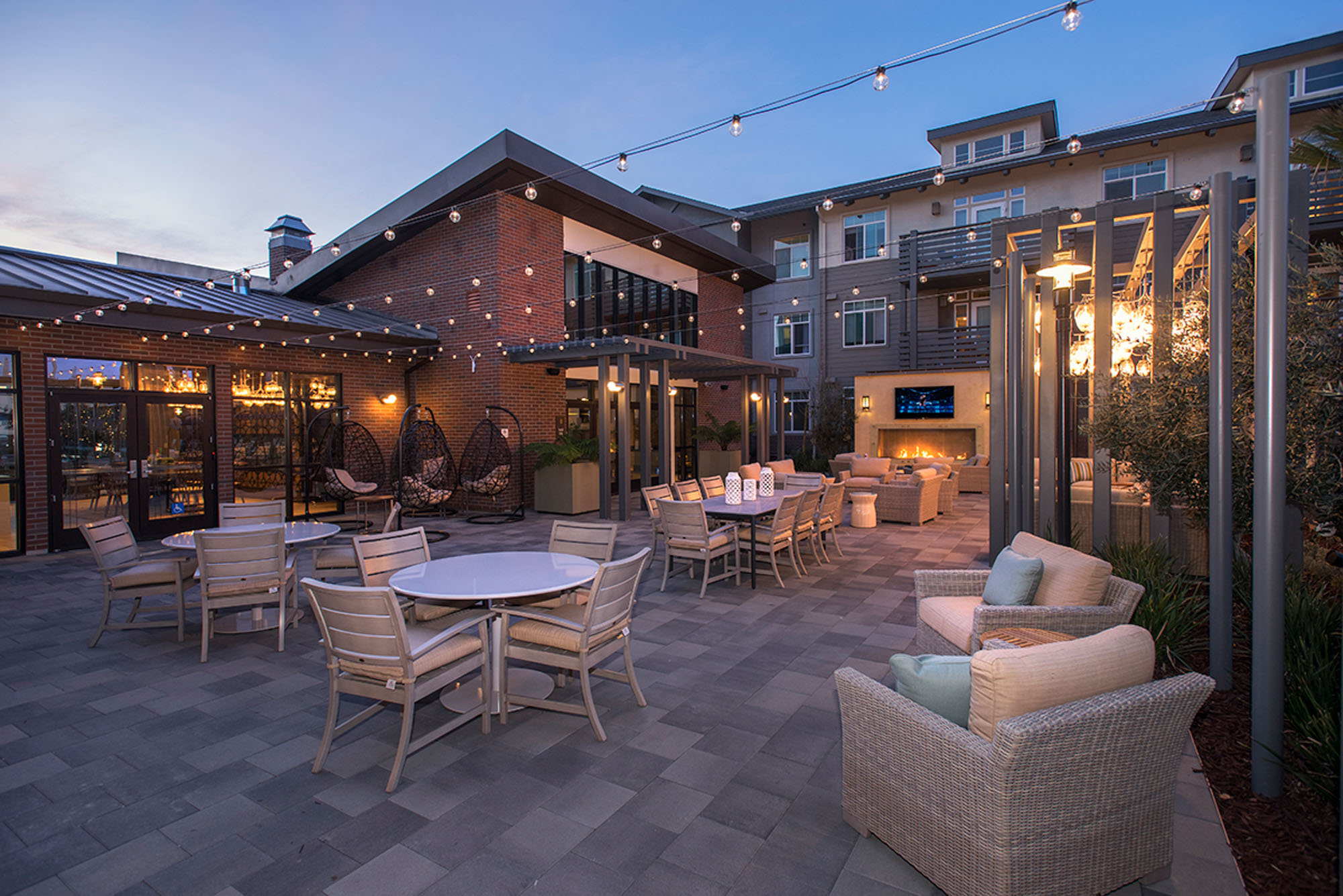 The outdoor terrace at Vintage apartments in Pleasanton, California.